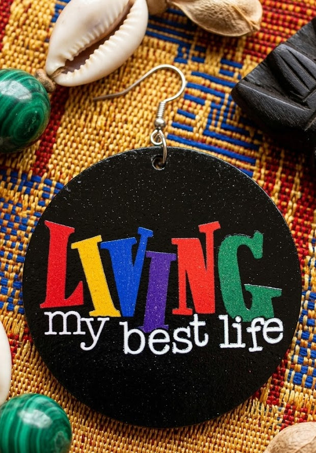 Living my best life earrings natural hair jewelry afrocentric accessories ear candy jewellery earring urban gift idea african american wooden round hoop wood dangle gift idea kwanzaa christmas birthday xmas holiday