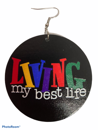 Living my best life earrings natural hair jewelry afrocentric accessories ear candy jewellery earring urban gift idea african american wooden round hoop wood dangle gift idea kwanzaa christmas birthday xmas holiday
