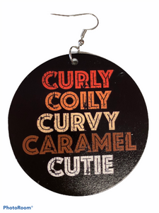 curly coily curvy caramel cutie earrings natural hair jewelry afrocentric accessories black girl ear candy african american accessory fashion outfit idea clothing gift birthday christmas kwanzaa unique cheap different black owned woman minority business support a sista