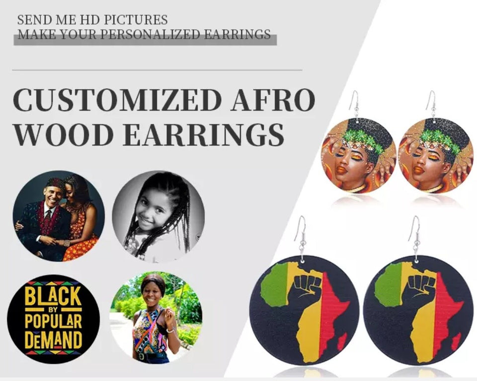custom wood earrings customized ear rings jewelry wooden print on demand accessories afro natural hair wholesale afrocentric