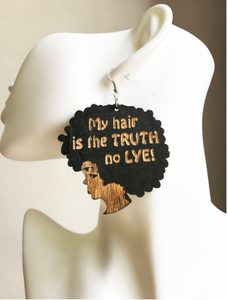 black my hair is the truth no lye earrings afrocentric natural hair jewelry accessories fashion afro wooden twa urban unique african american