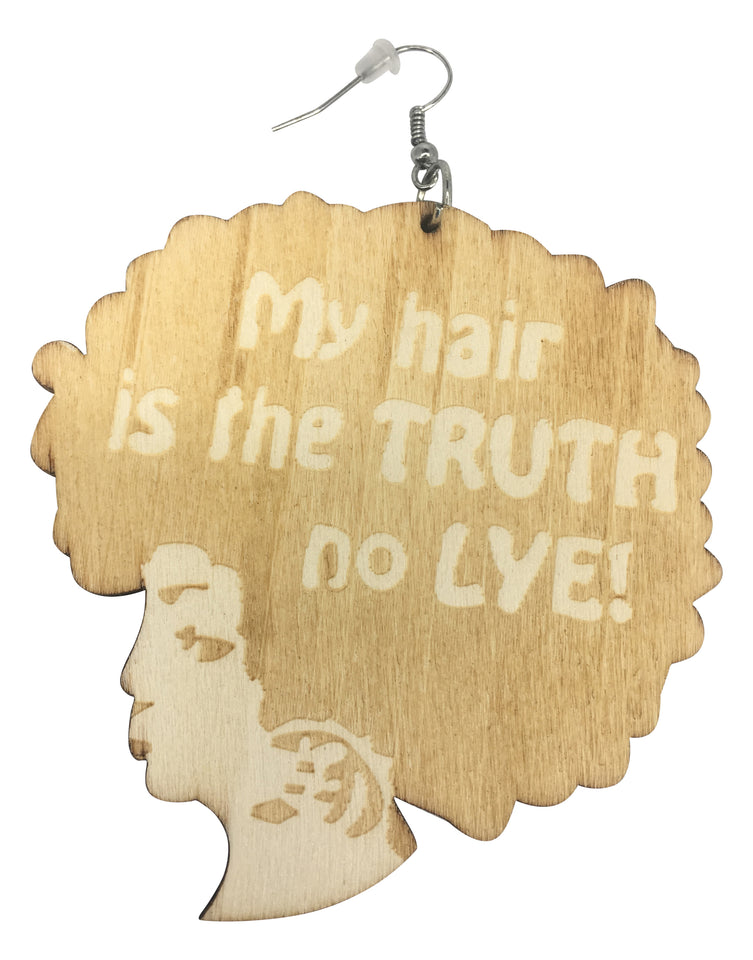 my hair is the truth no lye earrings afrocentric natural hair jewelry accessories fashion afro wooden twa urban unique african american