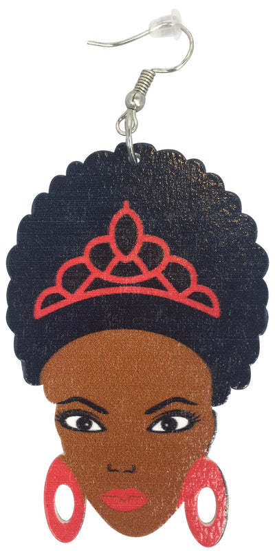 red afro princess earrings natural hair earings centric afrocentric african american colored wooden nubian dangle hoop wood queen ear kwanzaa twist brown dangle hoop drop kwanza ethnic twa twistout  loc sisterlocks jewelry black styles women lady 